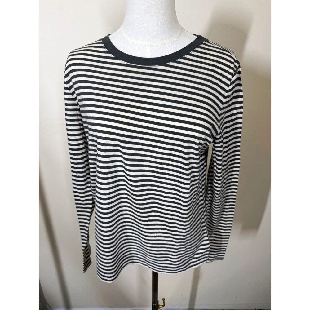 LOFT Womens Black White Striped Knit Crew Neck Long Sleeve T-Shirt M 379